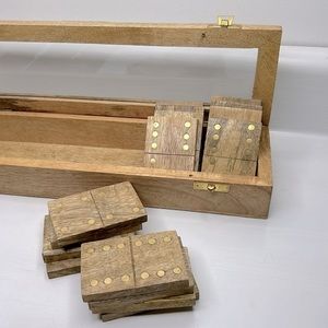 Ten Thousand Villages 🥭 Mango Wood Brass Inlay Handmade Dominoes Game With Box